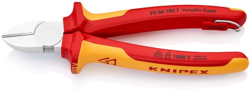 KN-7006180TBK Бокорезы VDE, 180 мм, хром, 2-комп диэлектрические ручки, проушина для страховки, BK KNIPEX
