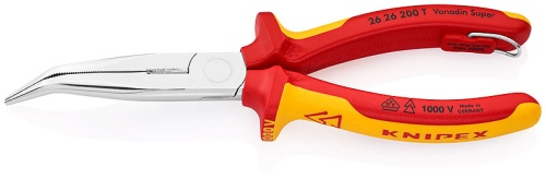 KN-2626200T Длинногубцы с режущими кромками VDE, губки 40°, 200 мм, хром, 2-комп диэлектрические ручки, проушина для страховки KNIPEX