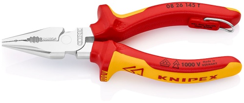 KN-0826145T Плоскогубцы комбинированные остроконечные с удлинёнными губками VDE, 145 мм, хром, 2-комп ручки, проушина для страховки KNIPEX