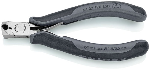KN-6432120ESD Кусачки торцевые для электроники ESD, маленькая фаска, губки 15°, 120 мм, 2-комп антистатические ручки KNIPEX